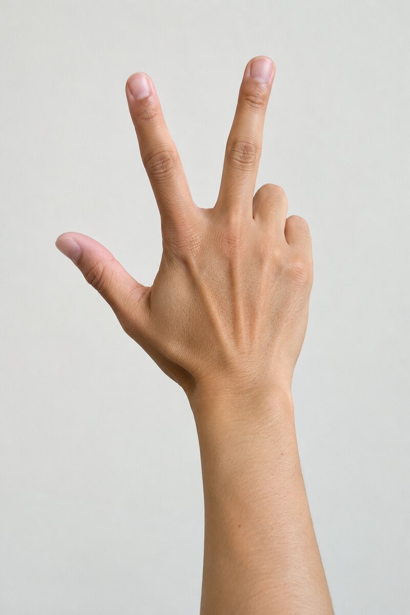 AI-generated photograph of a right hand seen from the back, raised: thumb, index and middle finger spread apart, ring and little finger folded down.